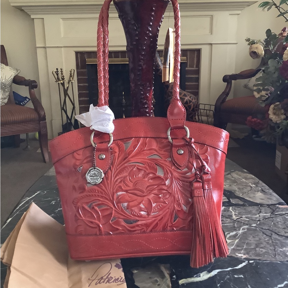 NWT Patricia Nash Zorita Ochre oxblood red tooled leather satchel bag 14x11.5